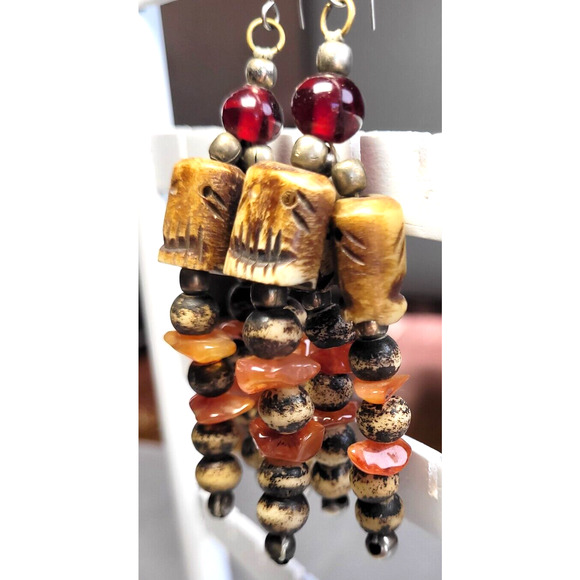 Ethnic Earrings Native Carved Skull Mala Tribal Agate Chips Dangle Boho Goth 4" - Picture 3 of 7